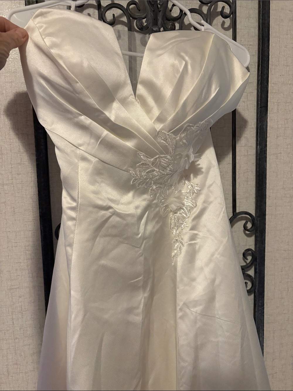 Strapless Ivory Satin A-Line Wedding Dress with Floral Appliqué